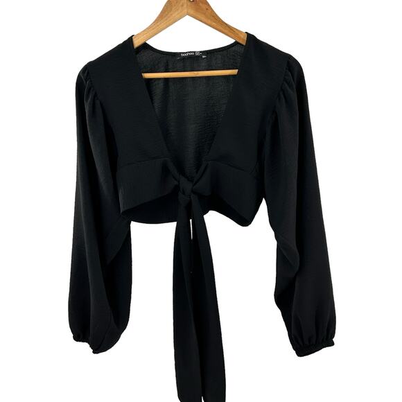 Boohoo Woven Tie Front‎ Crop Top Oversized Sleeve Size 2 - Picture 1 of 9